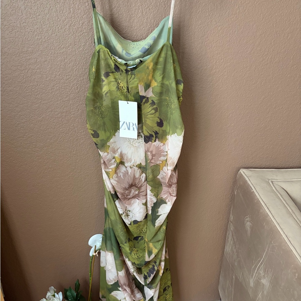 Zara Olive Green Floral Slip Maxi Dress